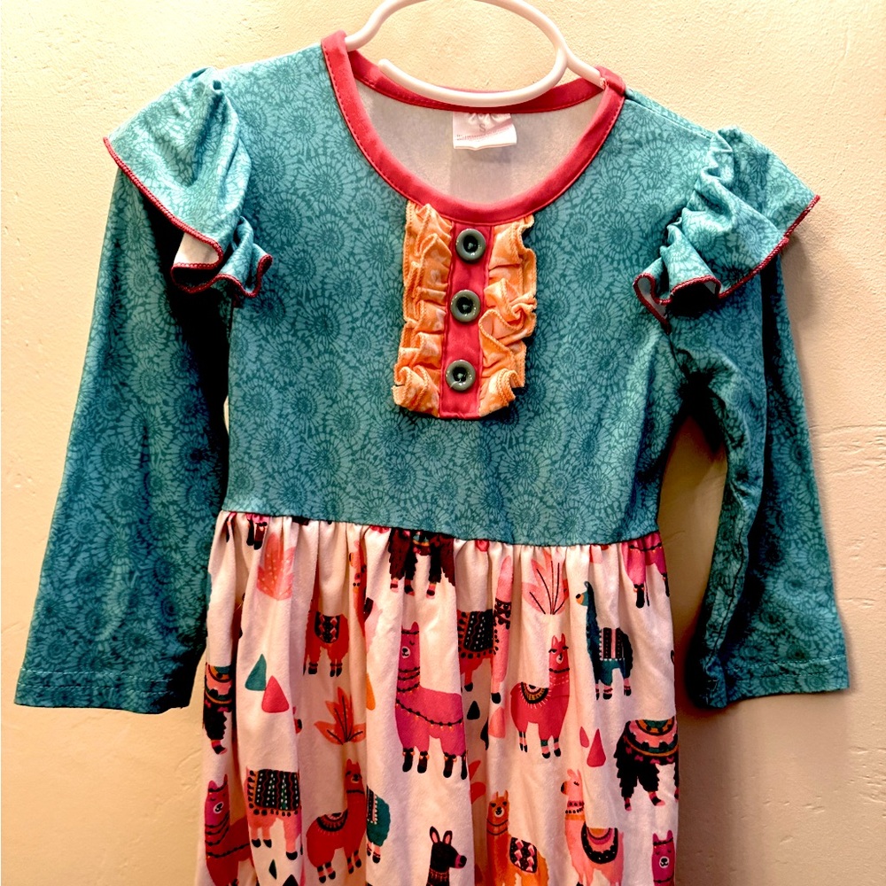 Super cute Llano print ruffle hem and trim toddler twirl dress, soft fabric 4T